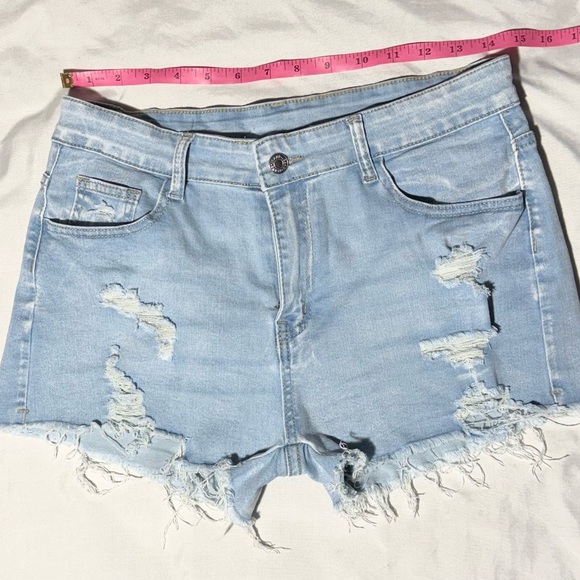 Shein Women’s Light Wash Distressed Jean Shorts Size L – Frayed Hem, High Rise - Picture 2 of 10